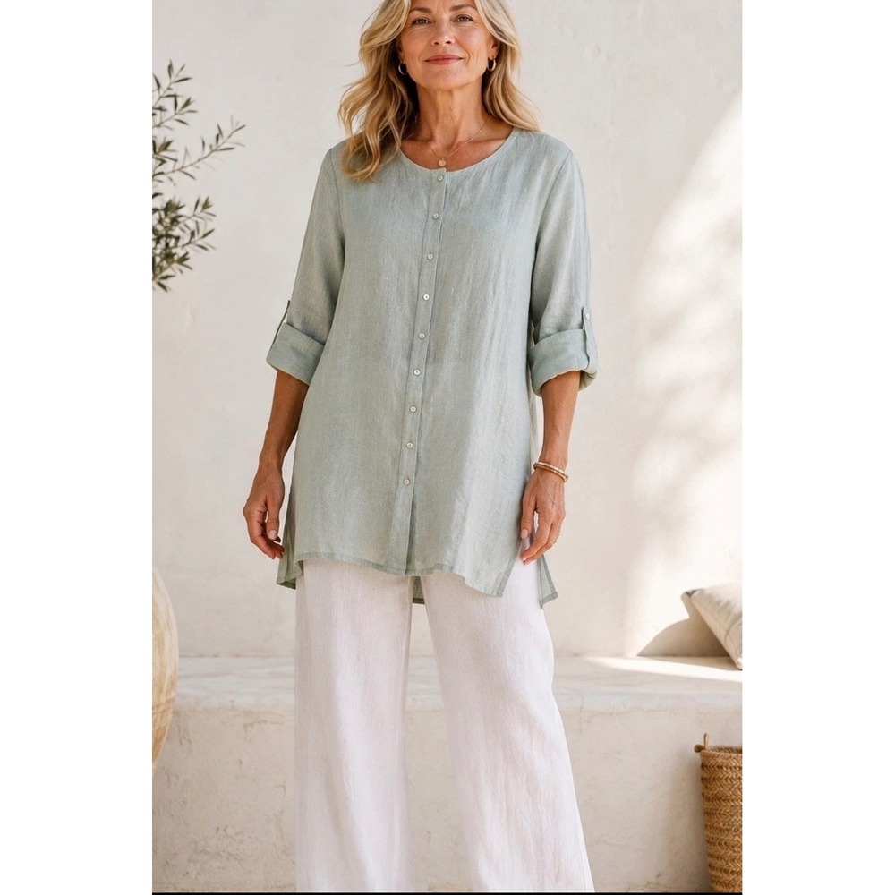 Tahari 100% Linen Button Down Shirt Women's 3X Sage Green Roll Tab Sleeve